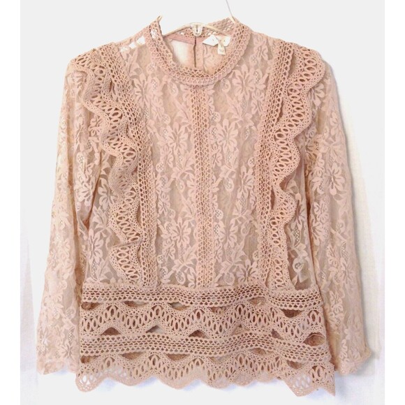 Crochet Lace Embroidered Top Wn S Beige Long Sleeve Blouse Sheer Fairy Boho Y2K - Picture 1 of 13